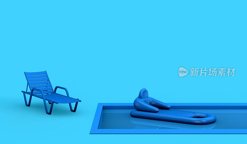 海滩躺椅在一个游泳池与充气的水在淡蓝色的背景。夏季和假期概念。3 d演示。